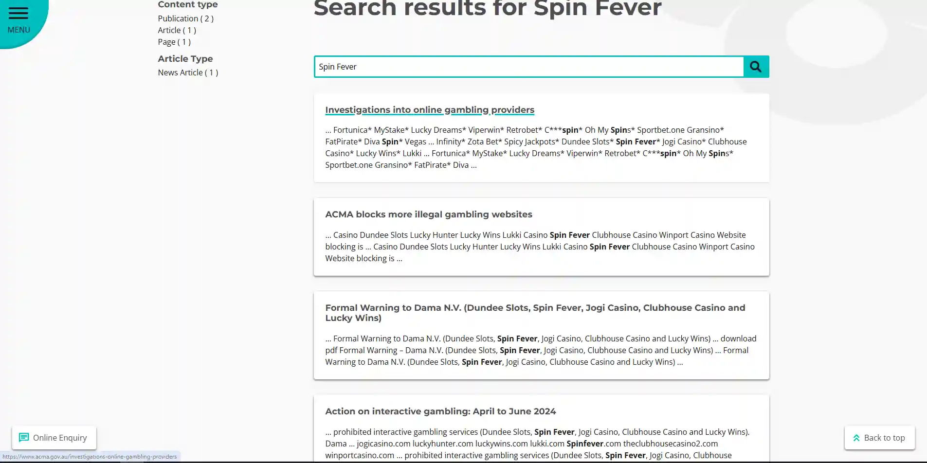 ACMA record naming Spin Fever in 2024 enforcement material