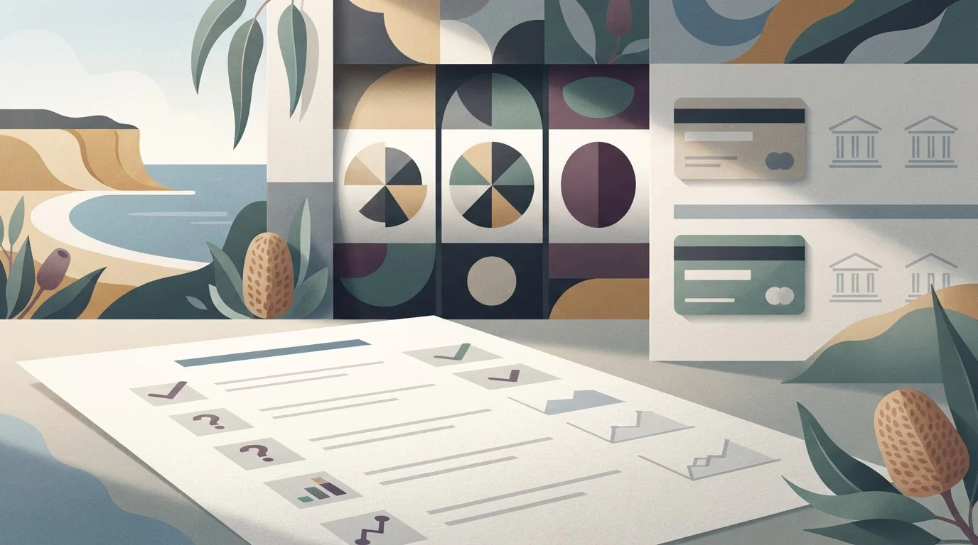 Editorial illustration of a casino review checklist, abstract payment shapes and game interface motifs