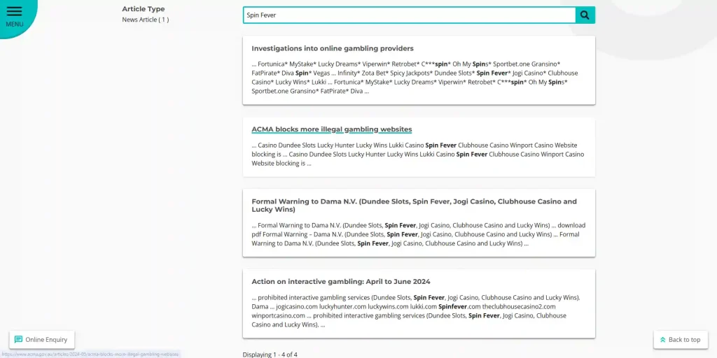 ACMA online gambling investigation record showing Spin Fever in 2024 outcomes