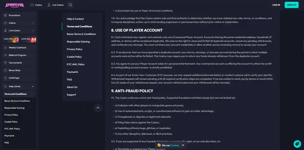Current SpinFever KYC policy showing identity and address verification requirements