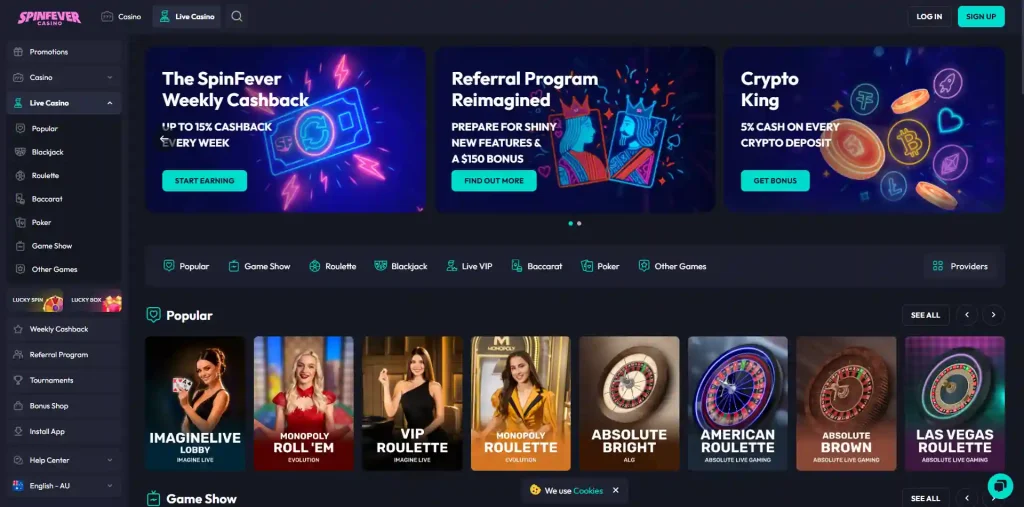 Current SpinFever live casino lobby with blackjack roulette and baccarat navigation