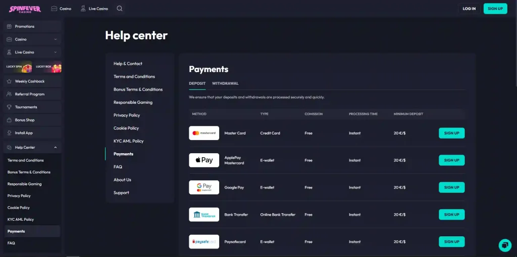 Current SpinFever payments page showing payment method categories in the Australian locale