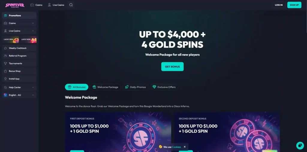 Current SpinFever promotions grid showing recurring offer categories