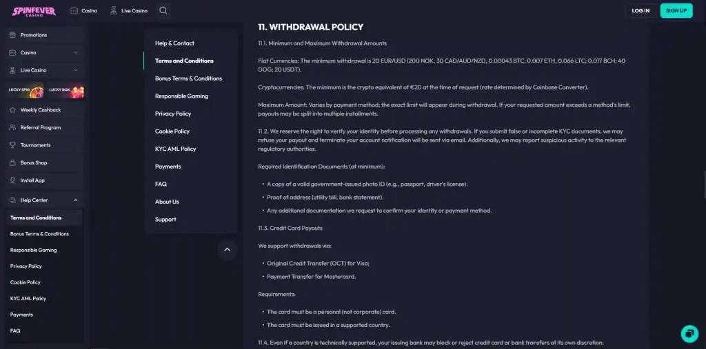 Current SpinFever terms showing withdrawal limits and processing conditions