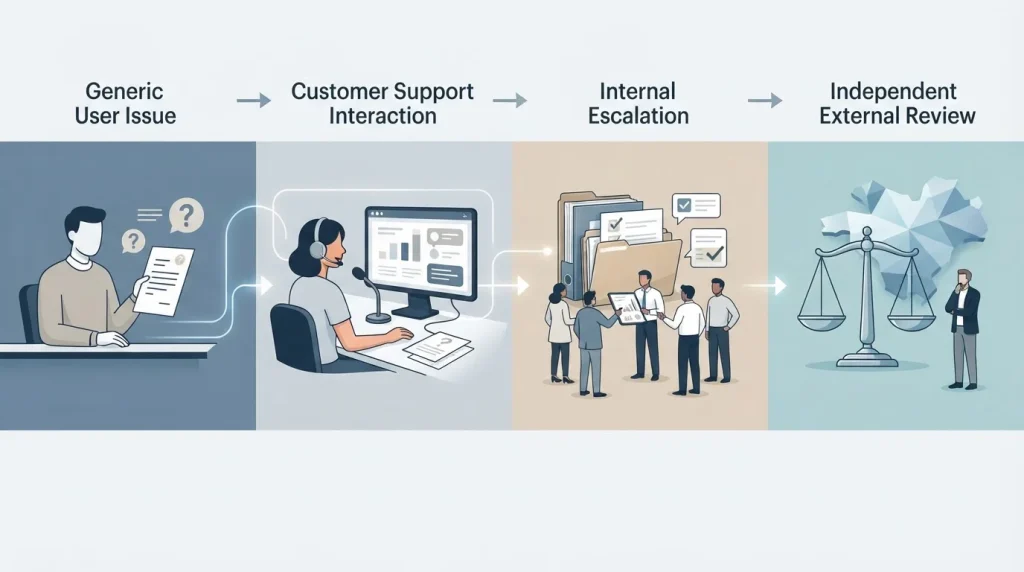 Neutral illustration of a complaint moving through support, escalation and external review stages