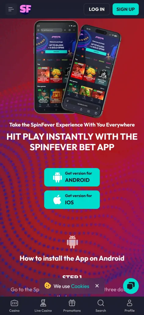 SpinFever official install page showing Add to Home Screen instructions for mobile devices